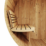 Close-up of wooden bench inside SaunaLife Model E6 outdoor barrel sauna, showcasing natural wood finish and craftsmanship.