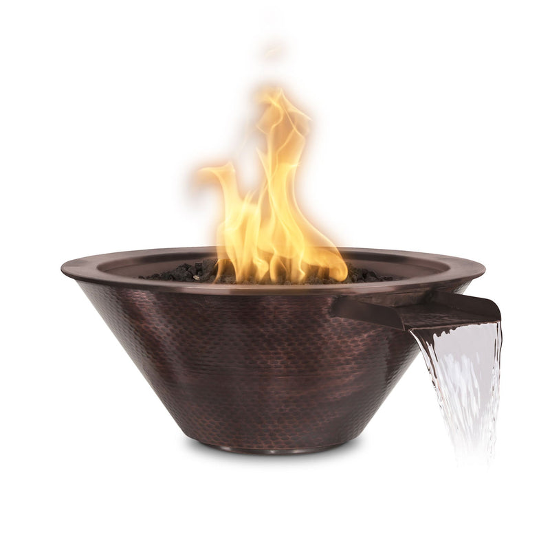 Cazo square hammered copper fire and water bowl by The Outdoor Plus, active gas flame with gravity spill water cascade, natural patina finish
