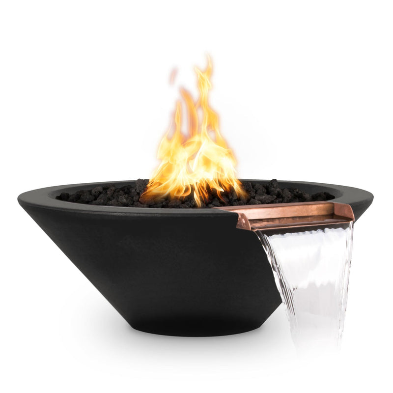 Cazo 31 inch GFRC concrete fire water bowl black finish with simultaneous fire and cascading water