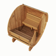 SaunaLife Model E6 outdoor barrel sauna cutaway view showing wooden interior and exterior details.