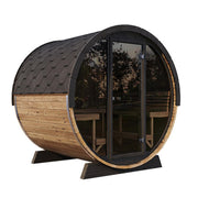 SaunaLife Model EE8G outdoor barrel sauna showing wooden interior and exterior with a rounded barrel shape and glass door.