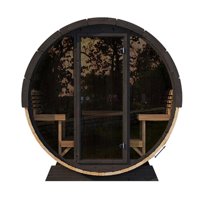 SaunaLife EE8G Barrel Sauna outdoors with wooden exterior, round shape, and glass door for relaxation and wellness.