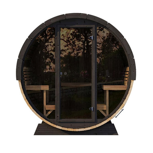 SaunaLife EE8G Barrel Sauna outdoors with wooden exterior, round shape, and glass door for relaxation and wellness.