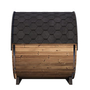 Outdoor SaunaLife EE8G Barrel Sauna with wooden interior and exterior, designed for relaxing outdoor wellness experiences.