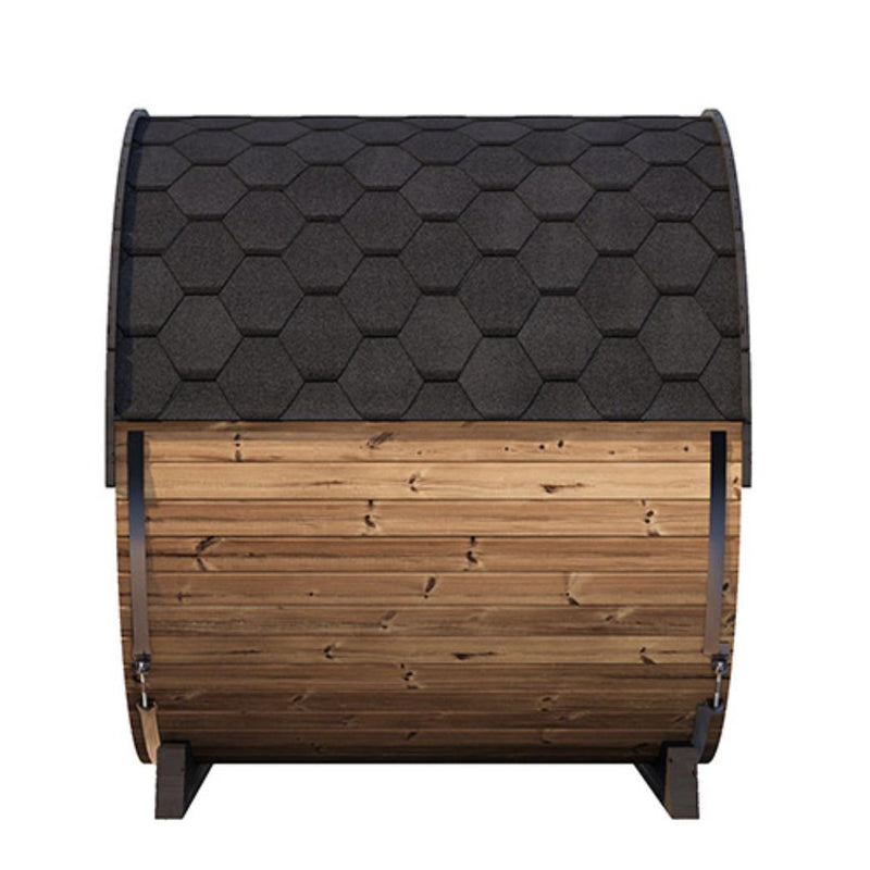 Outdoor SaunaLife EE8G Barrel Sauna with wooden interior and exterior, designed for relaxing outdoor wellness experiences.