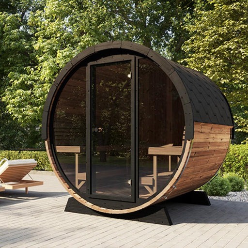 SaunaLife EE8G Barrel Sauna outdoors with wooden exterior and glass door, designed for relaxing outdoor sauna sessions.