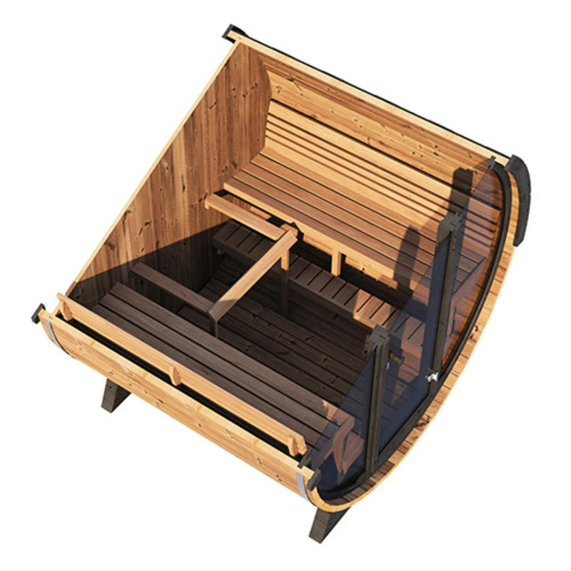 Cutaway view of SaunaLife EE8G Barrel Sauna showing interior benches, heater, and wooden exterior for outdoor relaxation.