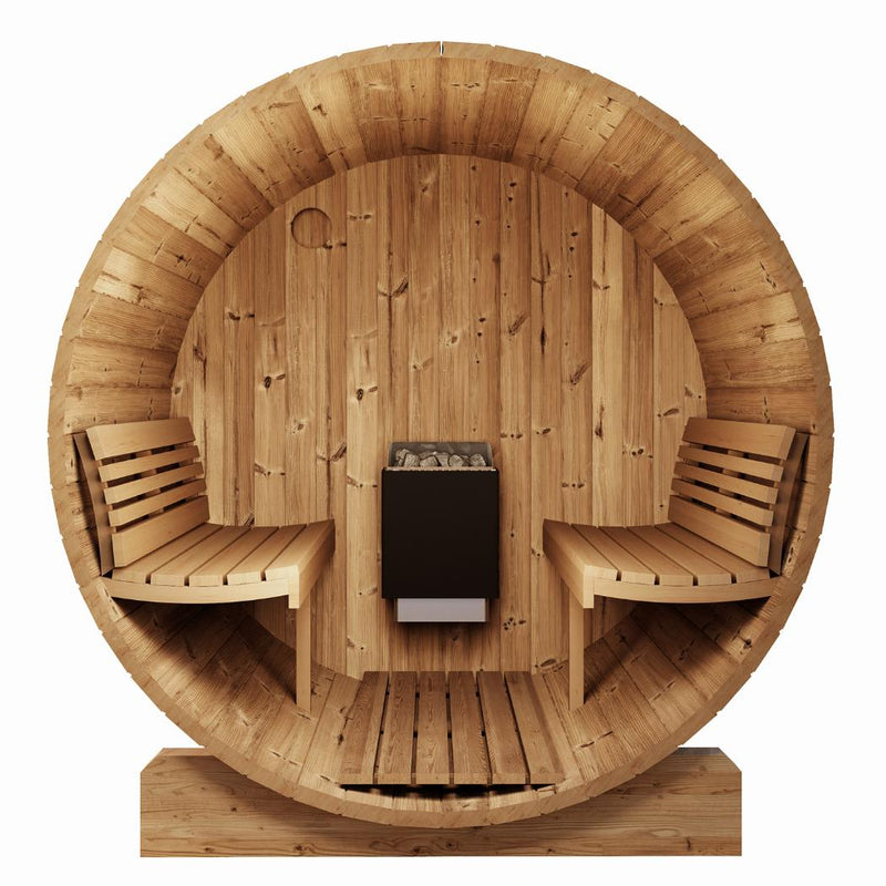 Cross-section view of SaunaLife Model E6 outdoor barrel sauna showing wooden interior and door design.