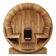 Cross-section of SaunaLife Model E7 Barrel Sauna showing wooden interior, door, and seating for outdoor relaxation.
