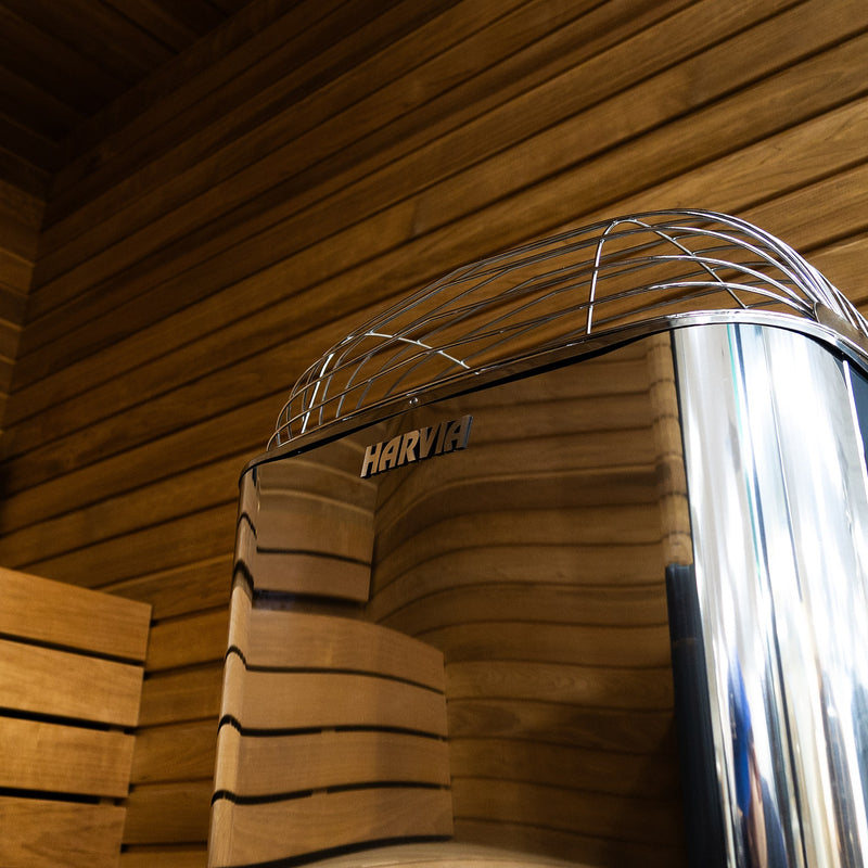 Harvia Club heater stainless steel body and stone guard detail