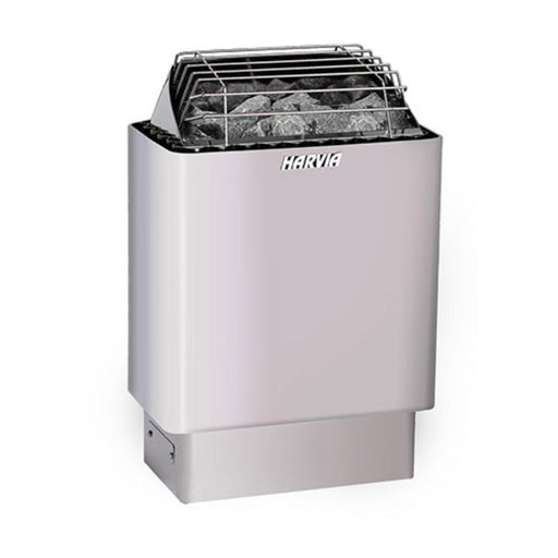 Harvia KIP60W sauna heater with a sleek black metal exterior and control panel, designed for efficient home sauna heating.