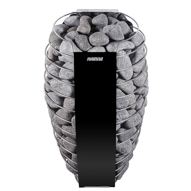 Harvia Spirit SP90E electric sauna heater with open stone cage and black front panel