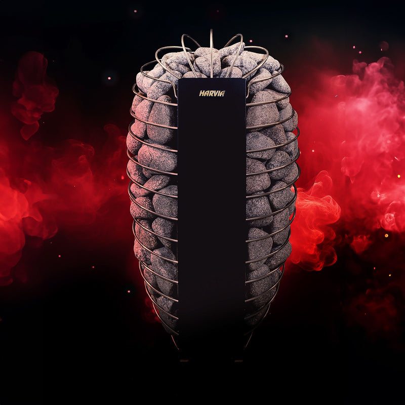 Harvia Spirit sauna heater against a dramatic red background