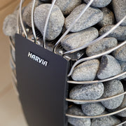 Close-up of the Harvia Spirit stone cage and logo panel
