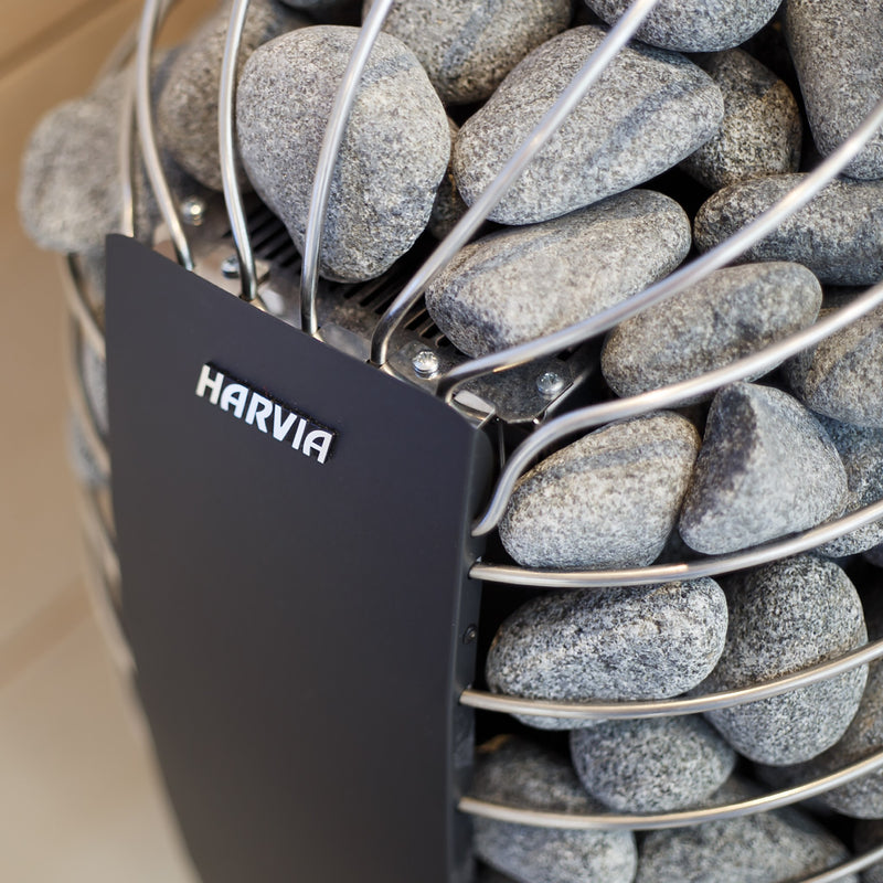 Close-up of the Harvia Spirit stone cage and logo panel