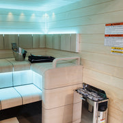 Harvia The Wall heater in a modern sauna with ambient LED bench lighting