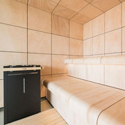 Harvia Virta Combi HL90SA sauna heater with control panel, designed for home sauna heating, black and silver finish.