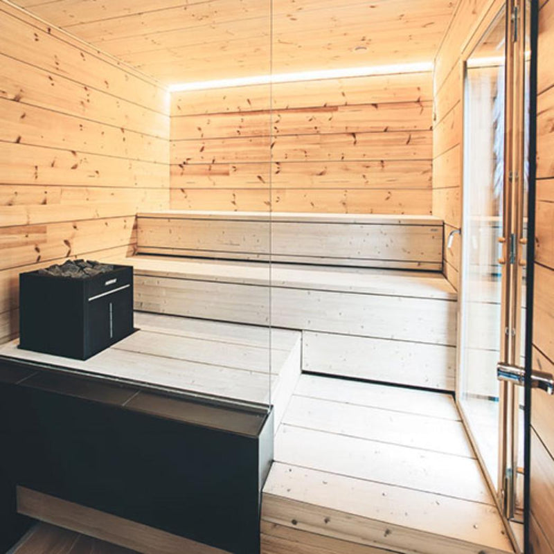 Harvia Virta Combi HL90SA sauna heater with control panel, stainless steel finish, and heating elements for home sauna use