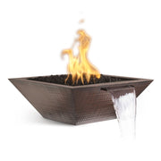 Maya circular hammered copper fire and water bowl by The Outdoor Plus, active gas flame with gravity spill water feature, aged patina finish