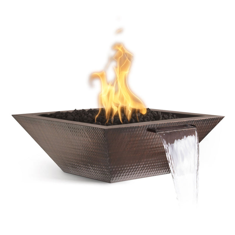 Maya circular hammered copper fire and water bowl by The Outdoor Plus, active gas flame with gravity spill water feature, aged patina finish