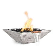 Outdoor Plus Maya Fire & Water Bowl in GFRC wood grain finish, 24-inch fire pit with fire and water features, ivory color.