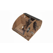 Cutaway view of SaunaLife GL11 outdoor sauna kit showing interior benches, heater, and wooden construction.