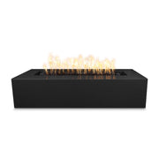 Black powder-coated Regal Fire Pit by The Outdoor Plus, 54-inch outdoor fire pit with a sturdy metal design and decorative pattern.