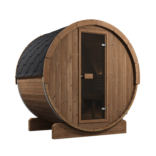 SaunaLife Ergo E6 barrel sauna three-quarter view with glass door and shingle roof