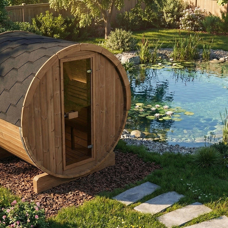 SaunaLife E6 barrel sauna beside a natural garden pond