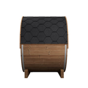 SaunaLife E6 barrel sauna side view with steel bands and shingle roof