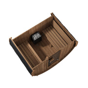 SaunaLife E6 barrel sauna top-down cutaway showing benches and heater