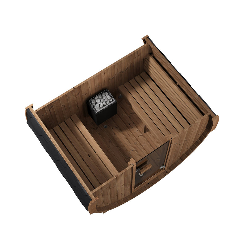 SaunaLife E6 barrel sauna top-down cutaway showing benches and heater
