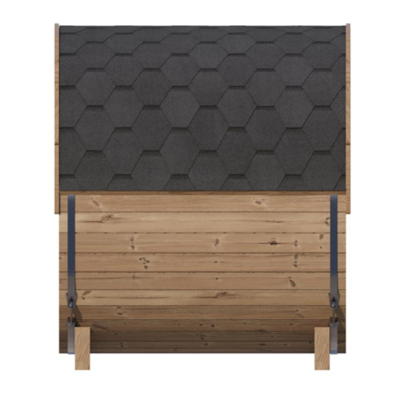 Outdoor SaunaLife Model E6 barrel sauna with wooden exterior and glass door, designed for relaxing outdoor wellness spaces.