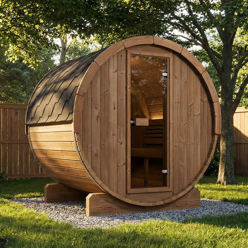 SaunaLife E7 barrel sauna installed on a gravel pad in a shaded backyard