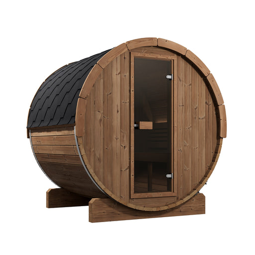 SaunaLife Ergo E7 barrel sauna three-quarter view with glass door and shingle roof