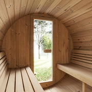 SaunaLife E7 barrel sauna interior with benches looking out the glass door