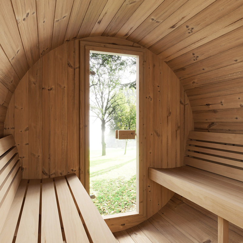 SaunaLife E7 barrel sauna interior with benches looking out the glass door