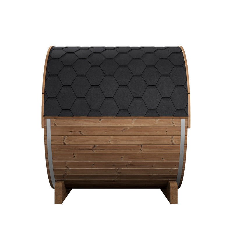 SaunaLife E7 barrel sauna side view with steel bands and shingle roof