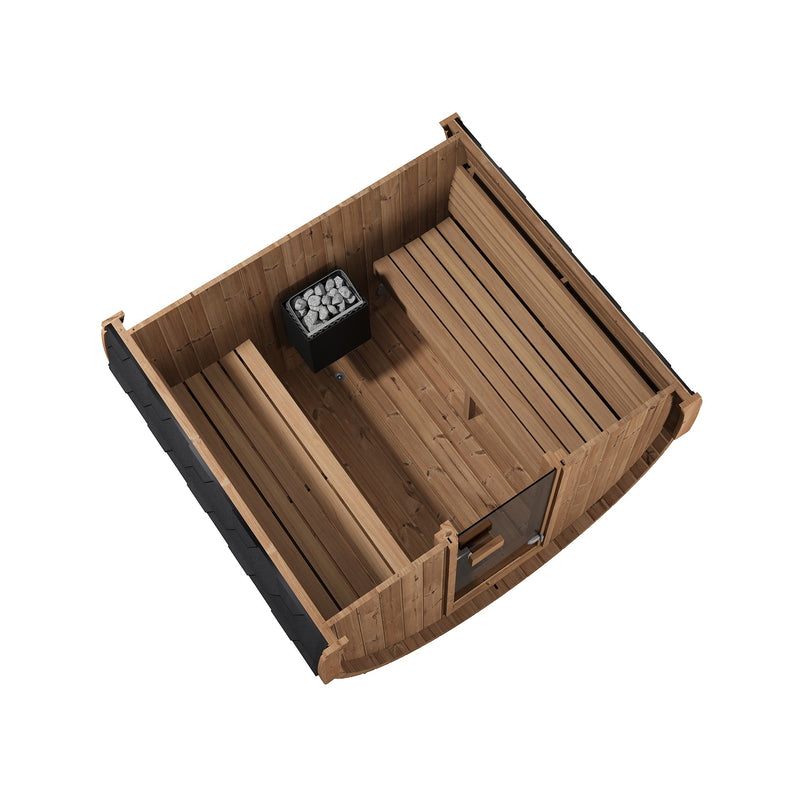 SaunaLife E7 barrel sauna top-down cutaway showing benches and heater