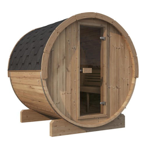 SaunaLife Model E7 outdoor barrel sauna with wooden exterior and glass door, set in a backyard outdoor space.