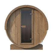 SaunaLife Model E7 outdoor barrel sauna with wooden exterior and glass door, designed for relaxing outdoor sauna sessions.