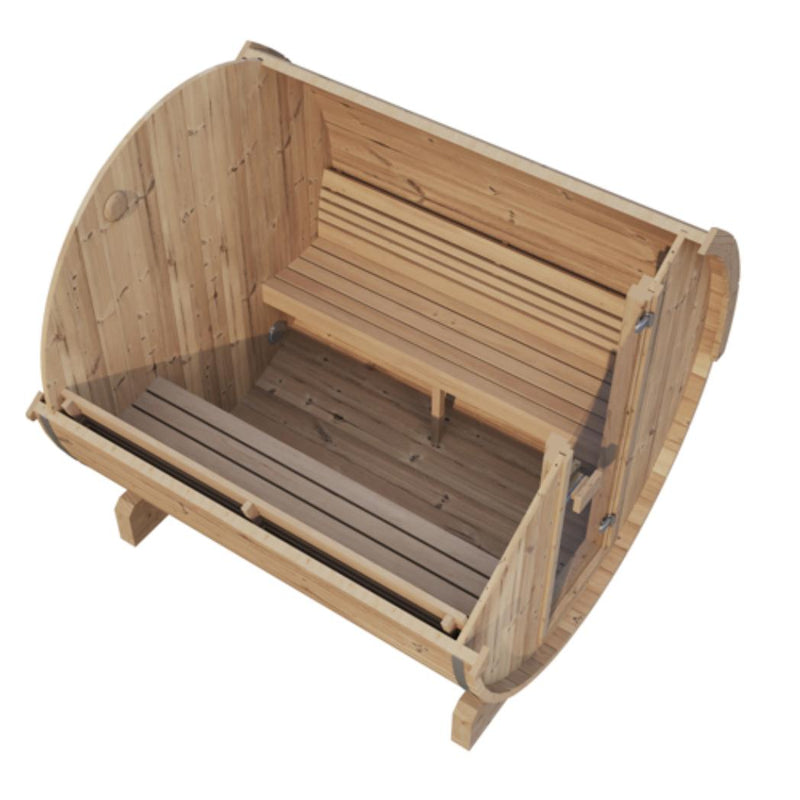 Outdoor SaunaLife Model E7 barrel sauna with wooden exterior and glass door, designed for outdoor relaxation.