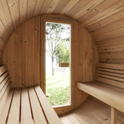 SaunaLife Model E7 outdoor barrel sauna with wooden exterior and glass door, designed for relaxing outdoor wellness.