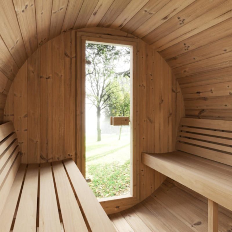 SaunaLife Model E7 outdoor barrel sauna with wooden exterior and glass door, designed for relaxing outdoor wellness.