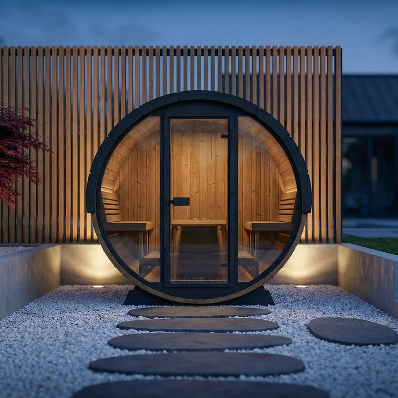 SaunaLife EE8G barrel sauna lit up at night in a modern backyard