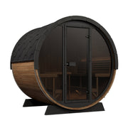 SaunaLife Ergo-Elegance EE8G barrel sauna three-quarter view with panoramic glass front and shingle roof