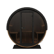 SaunaLife EE8G barrel sauna front view showing glass front wall and facing benches
