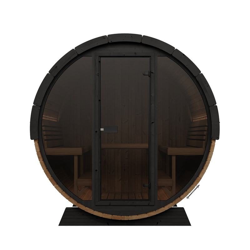 SaunaLife EE8G barrel sauna front view showing glass front wall and facing benches