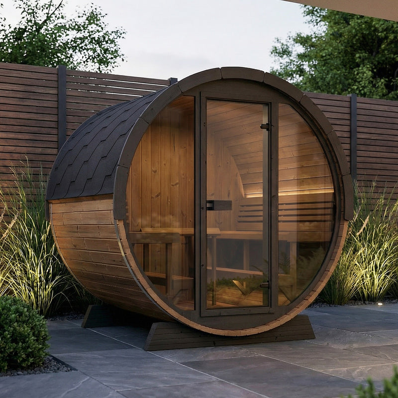 SaunaLife EE8G barrel sauna in a landscaped garden courtyard
