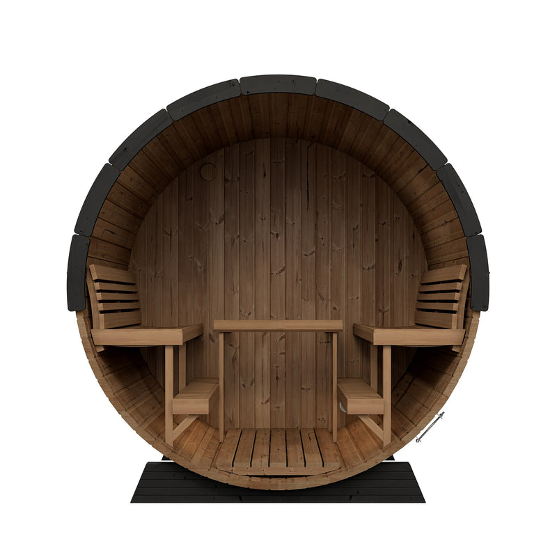 SaunaLife EE8G barrel sauna interior cutaway with ergonomic benches and backrests